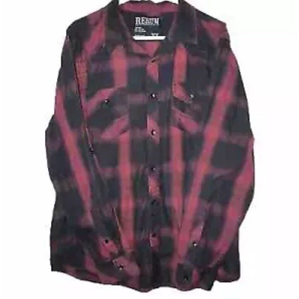 Rerun Mens Button Up Shirt Size XL Black Red‎ Plaid Tab Long Sleeve Western